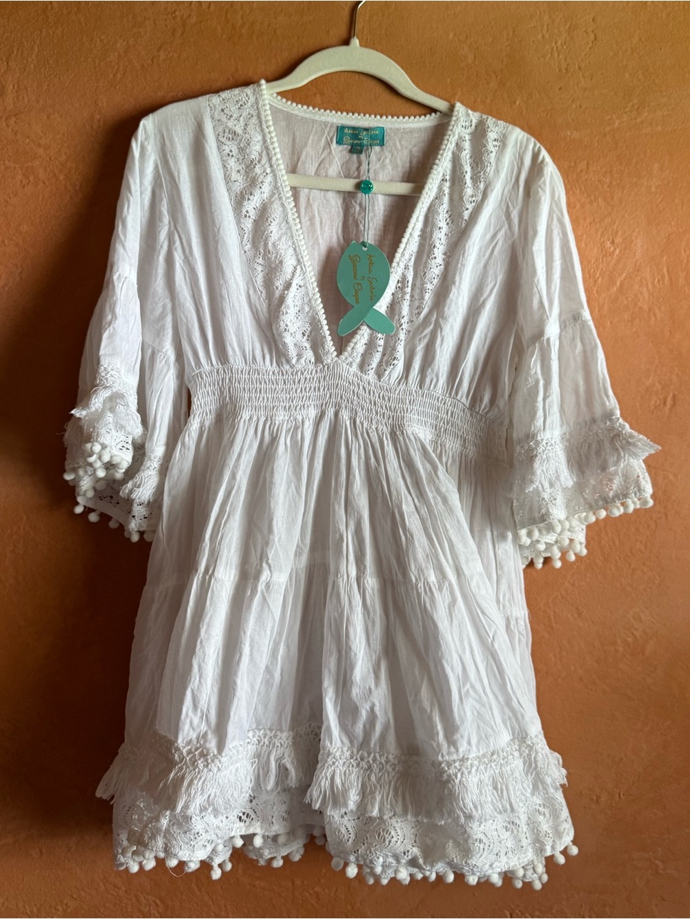 NWT Antica Sartoria Positano White Lace Pom Pom Tunic Dress One Size
